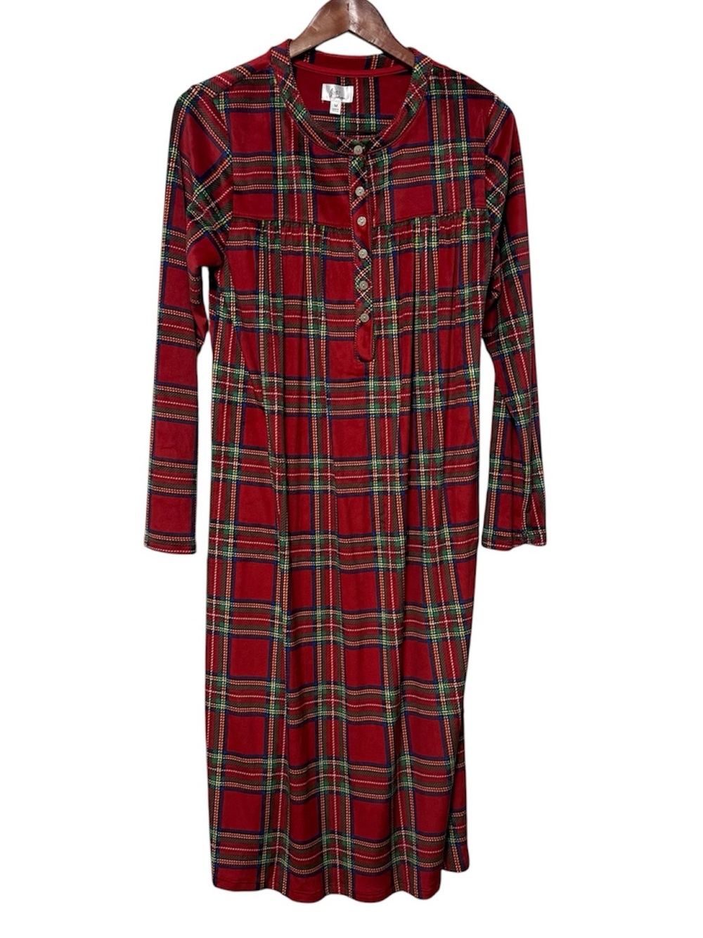 Aria Plaid Nightgown Women’s Medium Tartan Long-sleeve Placket Neckline Pintuck